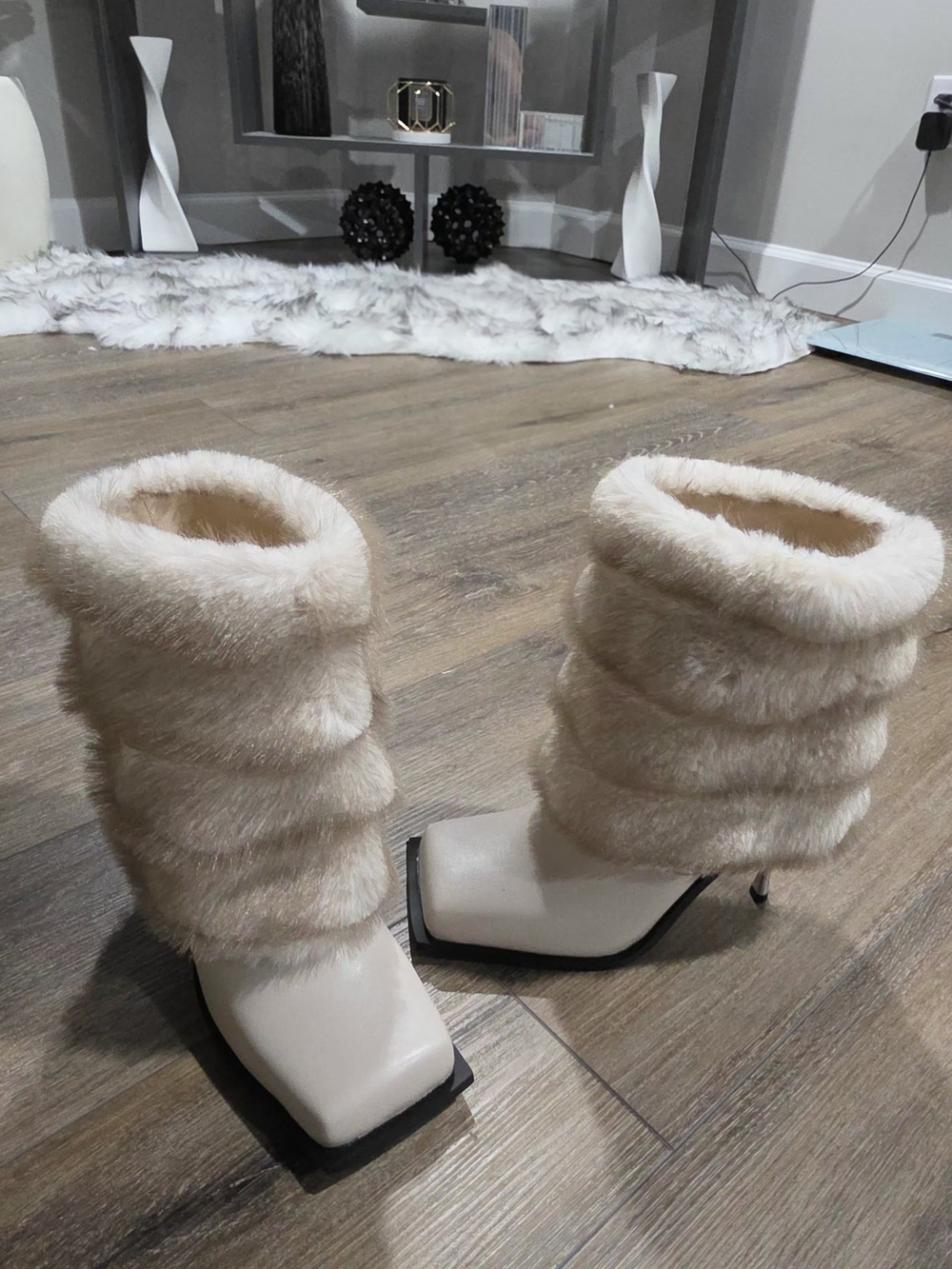 AKIRA Cream Faux Fur Mid-Calf Heeled Boots